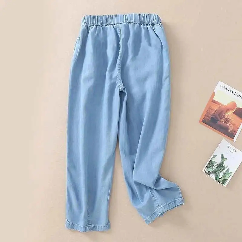 Jean taille haute pour femme, nouvelle collection été 2026, pantalon sarouel décontracté en denim fin, délavé, avec poches, taille élastique