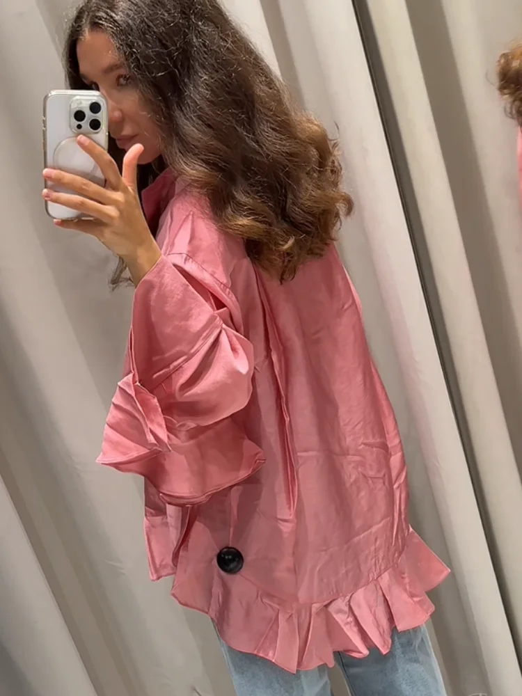 Chemise rose élégante en mousseline de soie à volants pour femmes, mode solide, simple boutonnage, chemises amples décontractées, Chic quotidien, hauts de bureau pour les déplacements quotidiens