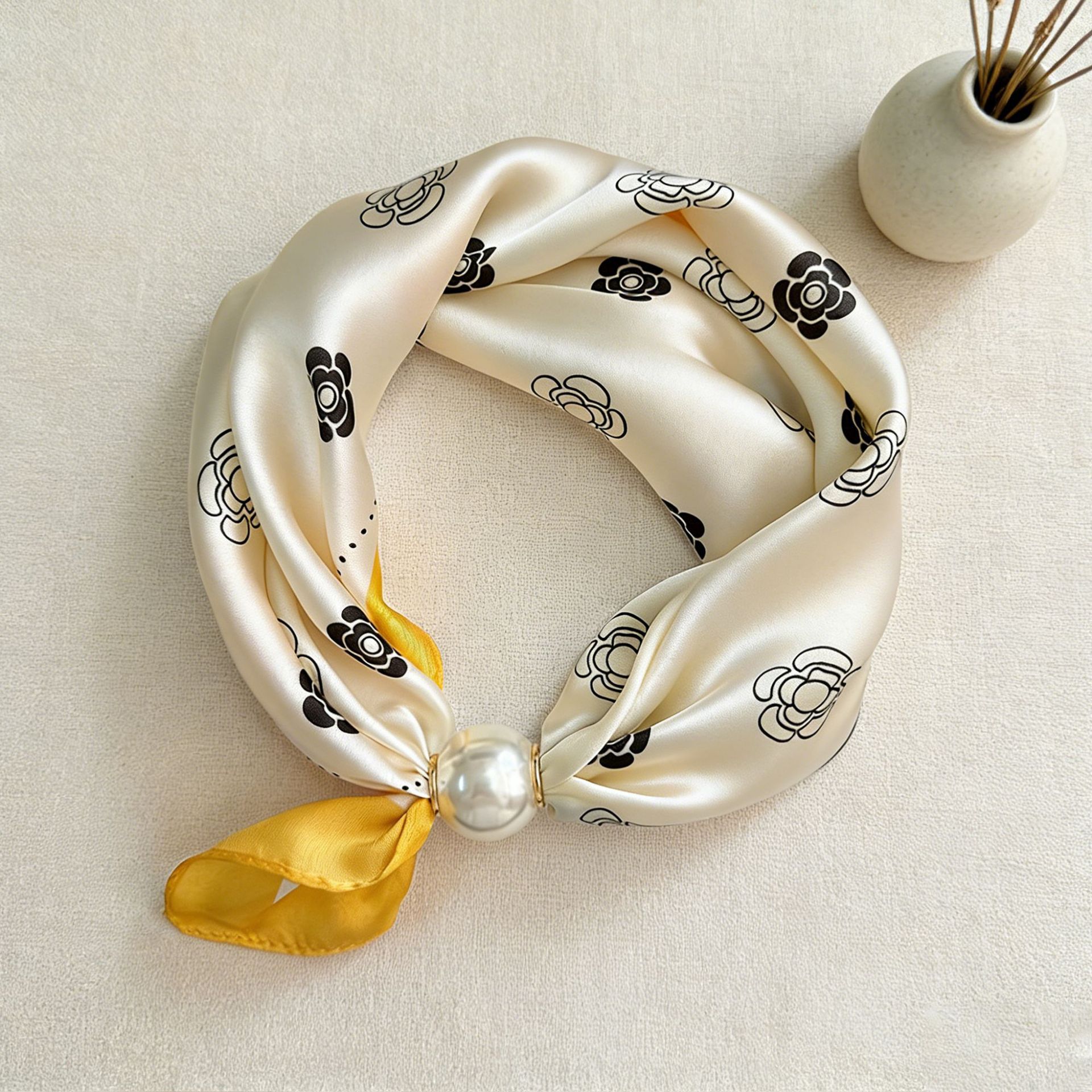 Écharpe de luxe pour femme en soie fine, avec pendentif magnétique, chaîne de clavicule à boucle, perle, bandeau décontracté, foulard, bandeaux pour cheveux Femme