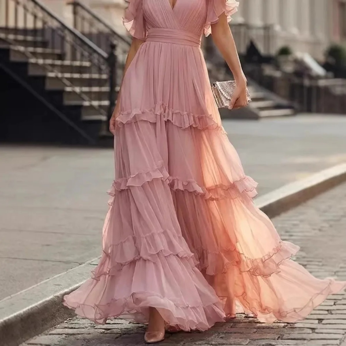Robe longue en mousseline pour femme, col en V profond, manches courtes à volants, ourlet à volants, fluide et élégante, pour invitées de mariage, soirées et fêtes