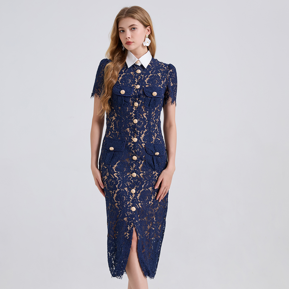 Robe élégante de Style français pour femmes, mode Noble, dentelle avec col contrasté, cordons, poches 3D, coupe moulante, été 2025