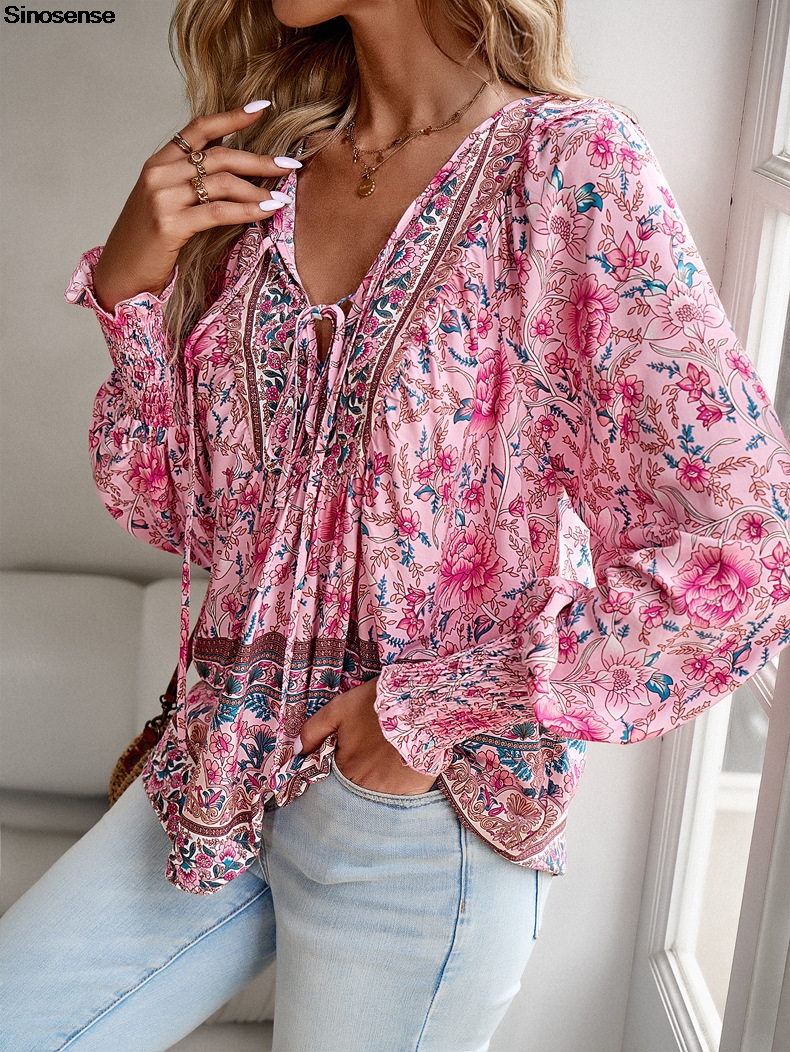 Femmes Vintage imprimé fleuri Boho Blouse Sexy col en V à manches longues hauts décontracté Date travail fête été plage Blouses amples chemises