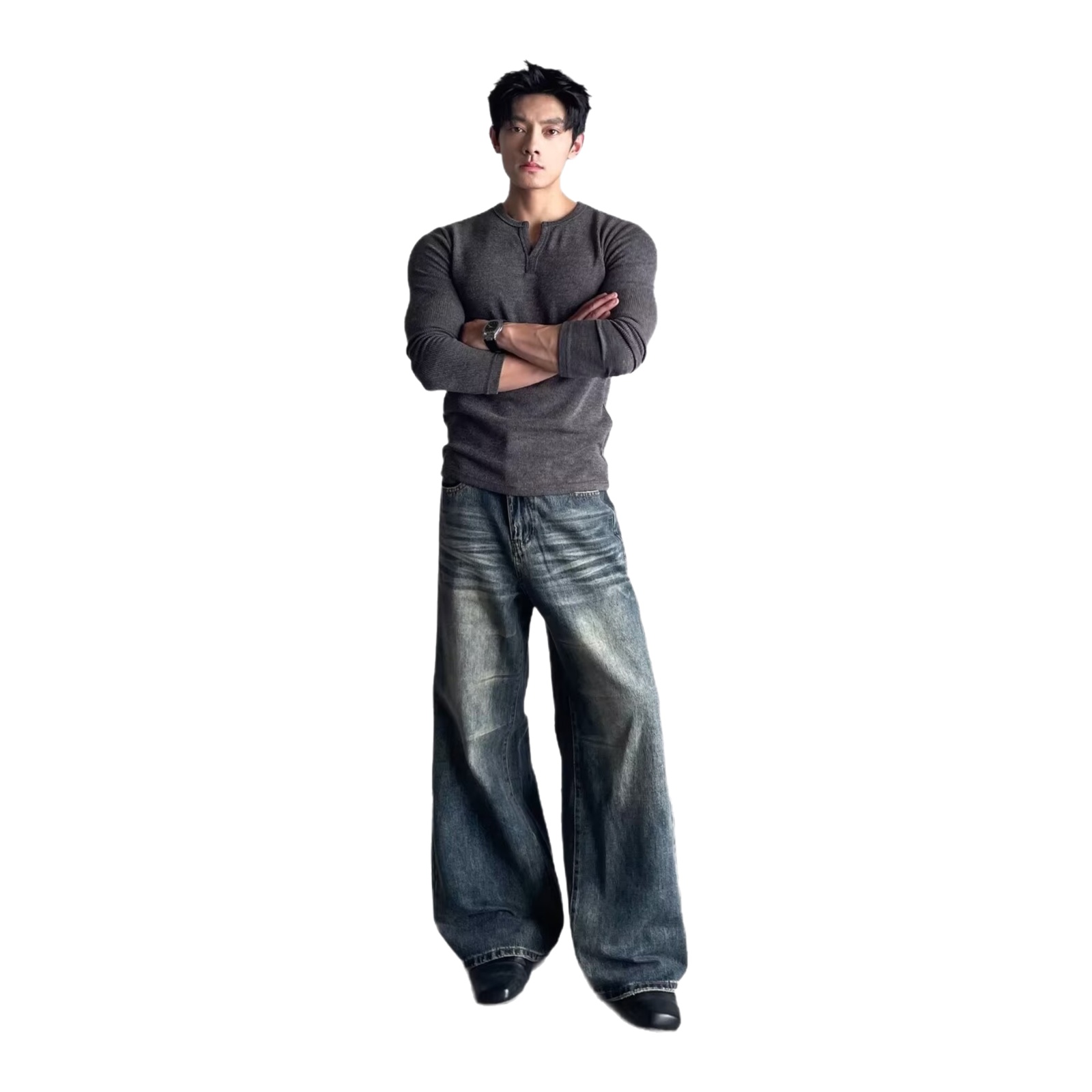 Jean droit pour homme, style décontracté urbain, coupe large, automne-hiver, pantalon long, style rétro, taille mi-haute, détail poche zippée