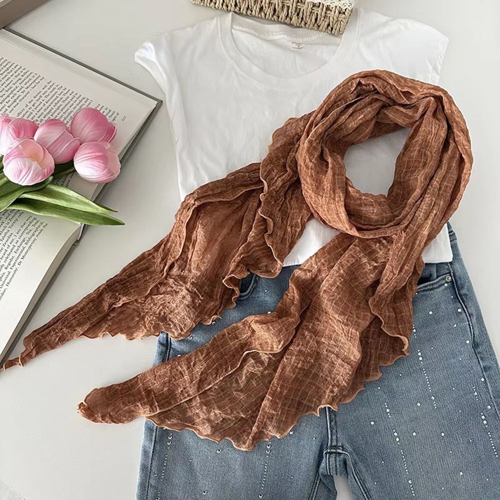 Écharpe artistique rétro en coton et lin pour femmes, châle fin plissé en gaze, couleur Pure, accessoires de mode