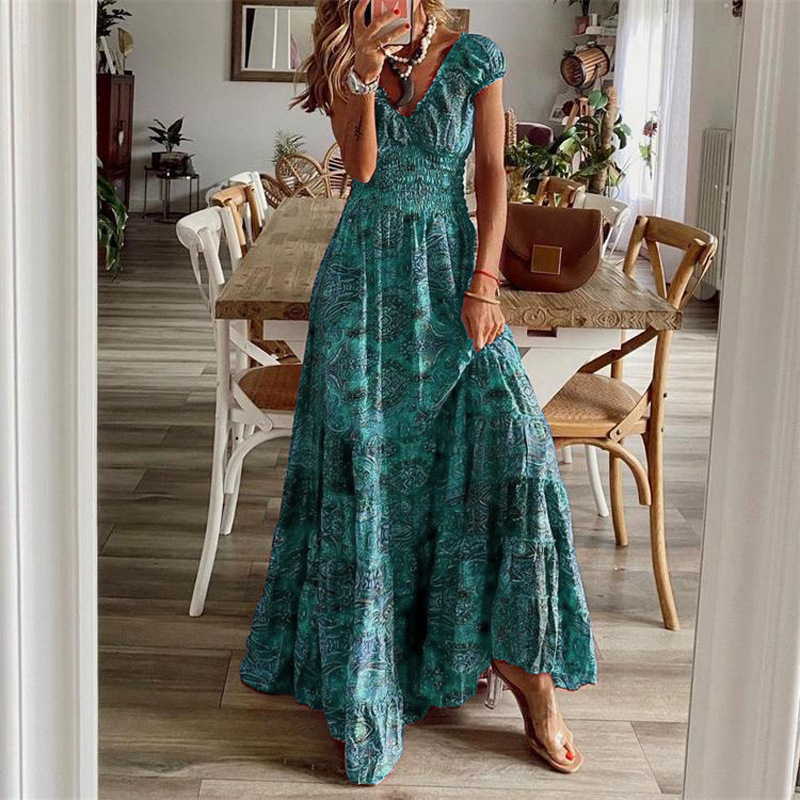 Nouvelle Robe Longue Style Bohème Européen et Américain 2026, Taille Cintrée, Imprimé Floral, Robe à Grand Ourlet