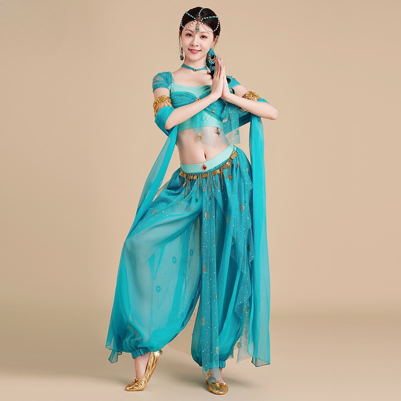 Costume de princesse arabe Jasmines, Cosplay, lampe d'aladdin, robe de danse indienne, ensemble vert pour femmes, tenue de jeu de rôle pour fête d'halloween