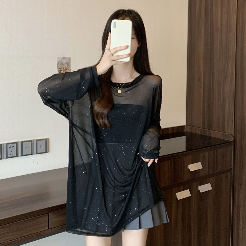 Noir Sexy voir à travers transparent T-Shirts femmes luxe paillettes mince glace soie à manches longues t-shirt été respirant résistant au soleil hauts