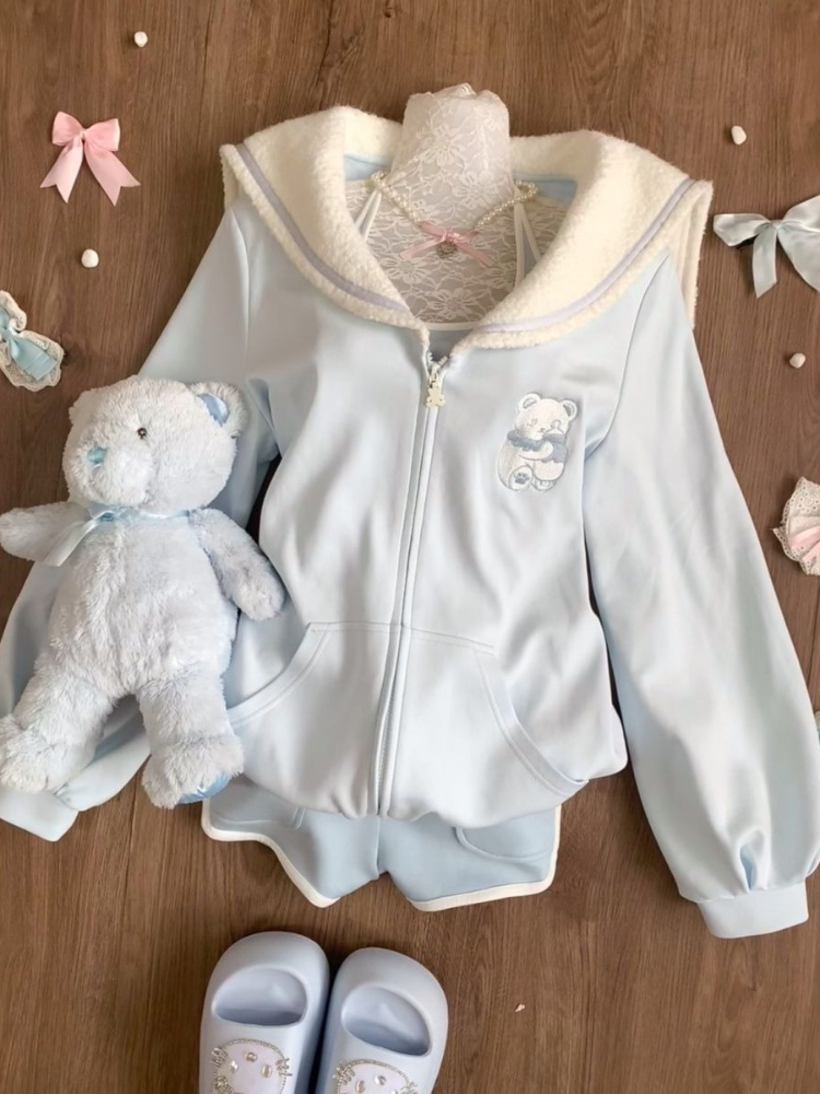 Veste japonaise douce et kawaii pour femmes, manches longues, bleu, fermeture éclair, broderie, sweat-shirt ample, style preppy, vêtements mignons et tendance