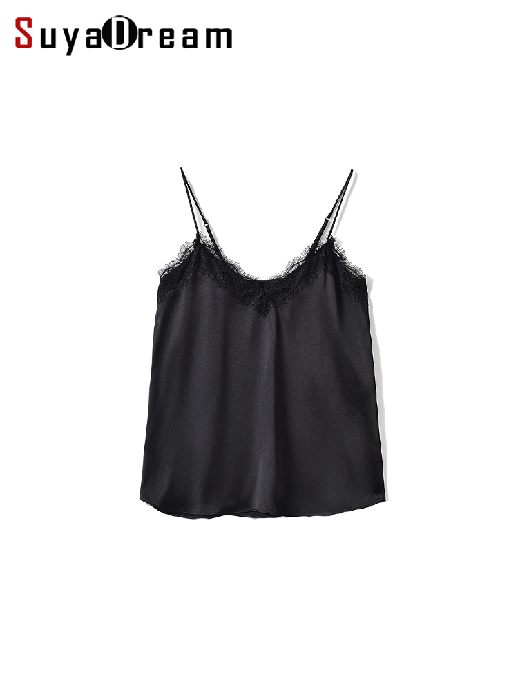 SuyaDream. Camis en soie pour femmes, col en V en dentelle, t-shirt Chic sans manches, 100% soie véritable, gilets d'été solides 2025
