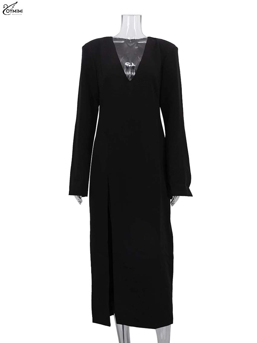 Oymimi élégant noir mince robes 2025 femme décontracté col en v profond à manches longues robes droites mode côté fente mi-mollet robe