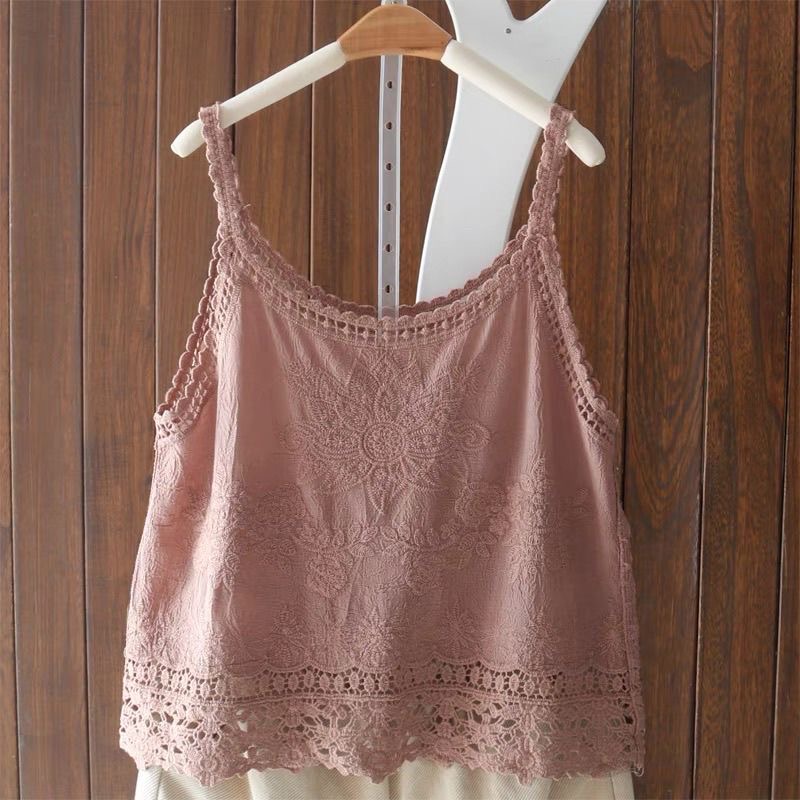 Débardeur Camisole en coton Crochet ajouré pour femmes, Style Boho, dentelle fine brodée, hauts sans manche, T-shirt gris vert, été