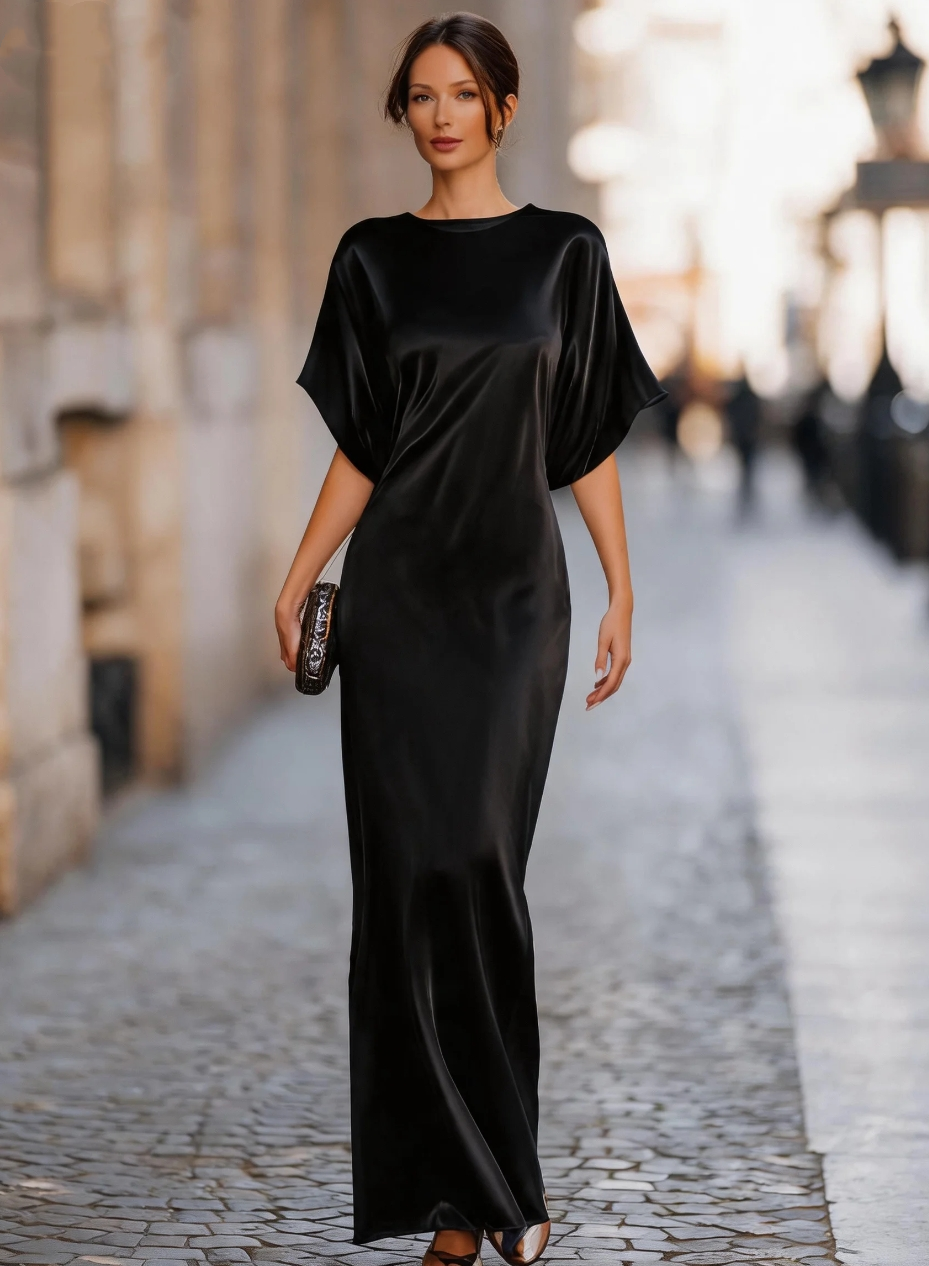 Robe longue en satin pour femme, manches chauve-souris courtes, élégante robe de soirée fluide, tenue décontractée ou formelle