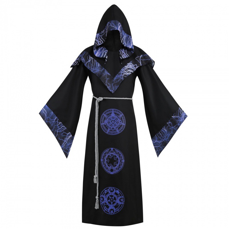 Robe de sorcier mystique médiéval pour hommes, Costume de Cosplay d'halloween, Cape à capuche, Cape de fête de carnaval