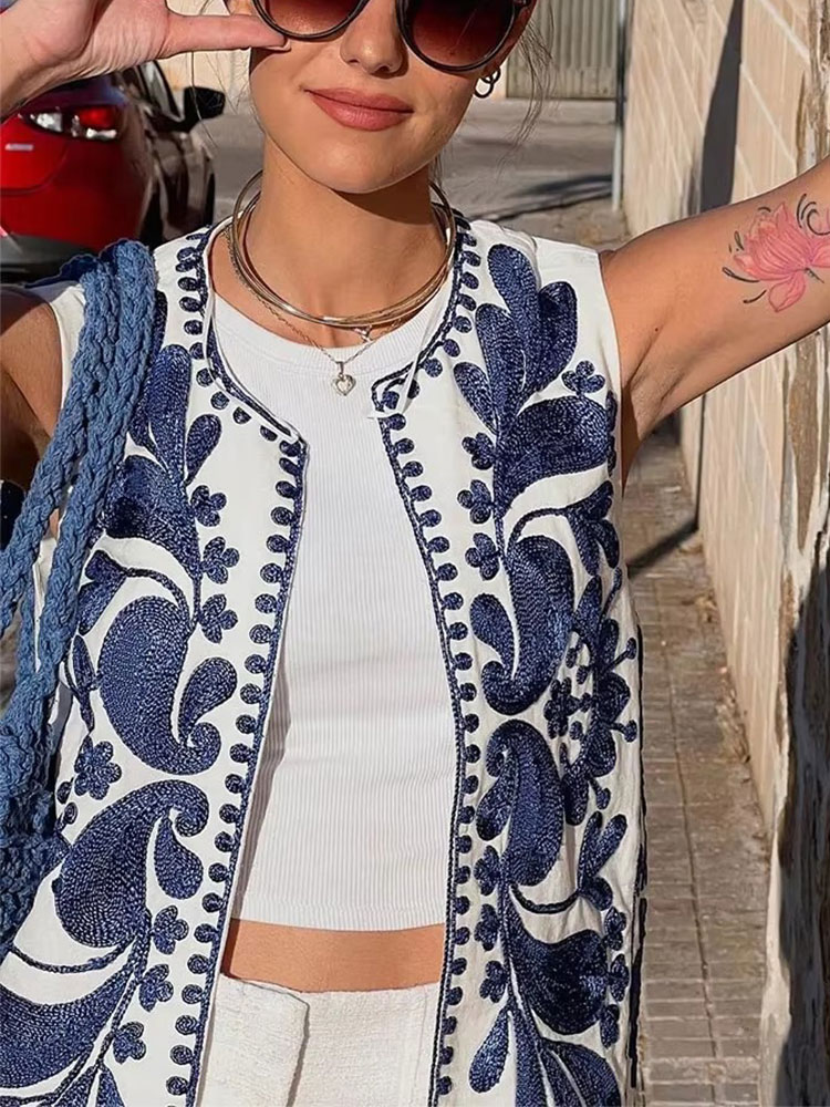 HH – gilet brodé pour femmes, Vintage, décontracté, sans manches, Cardigan, haut à la mode, motif Floral brodé, Y2k