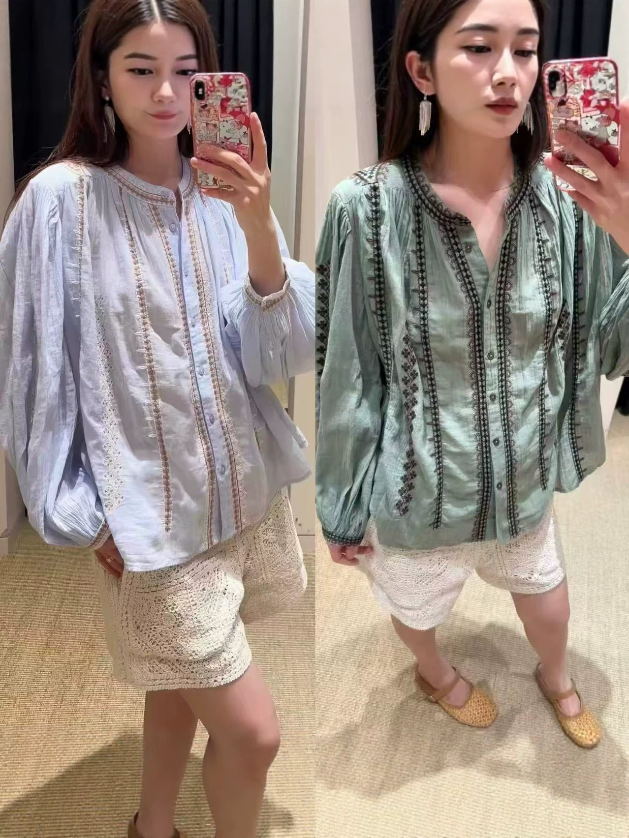 Chemise bohème brodée à manches longues pour femme, à col rond, boutonnée, ample, pour le début de l'automne