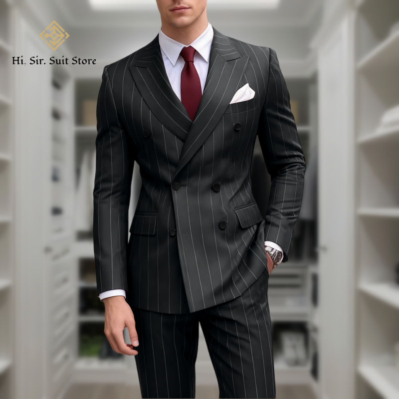 Costume 2 pièces pour hommes, Blazer grande taille, mode européenne et américaine, costume rayé à Double boutonnage, sur mesure, petit lot, veste bleue