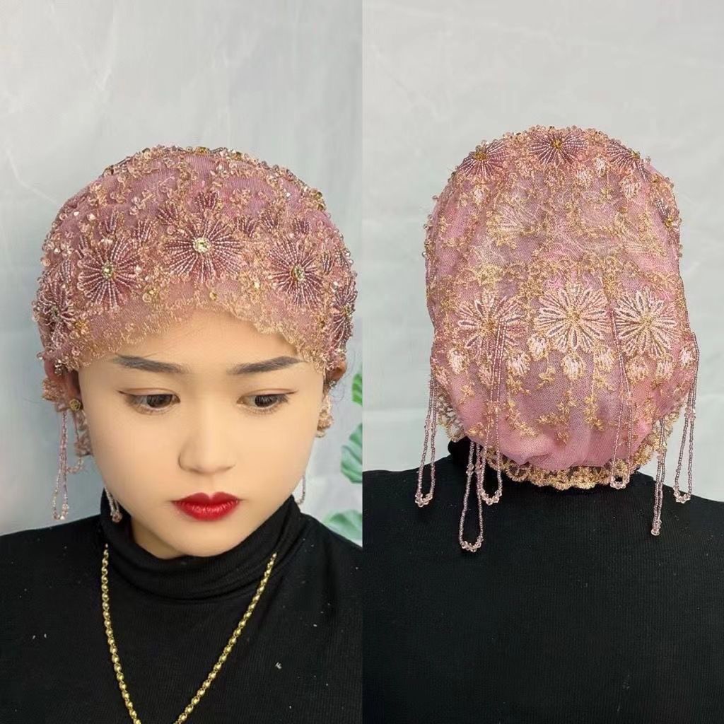 Hijabs musulmans de luxe pour femmes, tissu en maille, chapeau noir avec perles et diamants brodés, chapeaux châle assortis, magnifiques casquettes africaines
