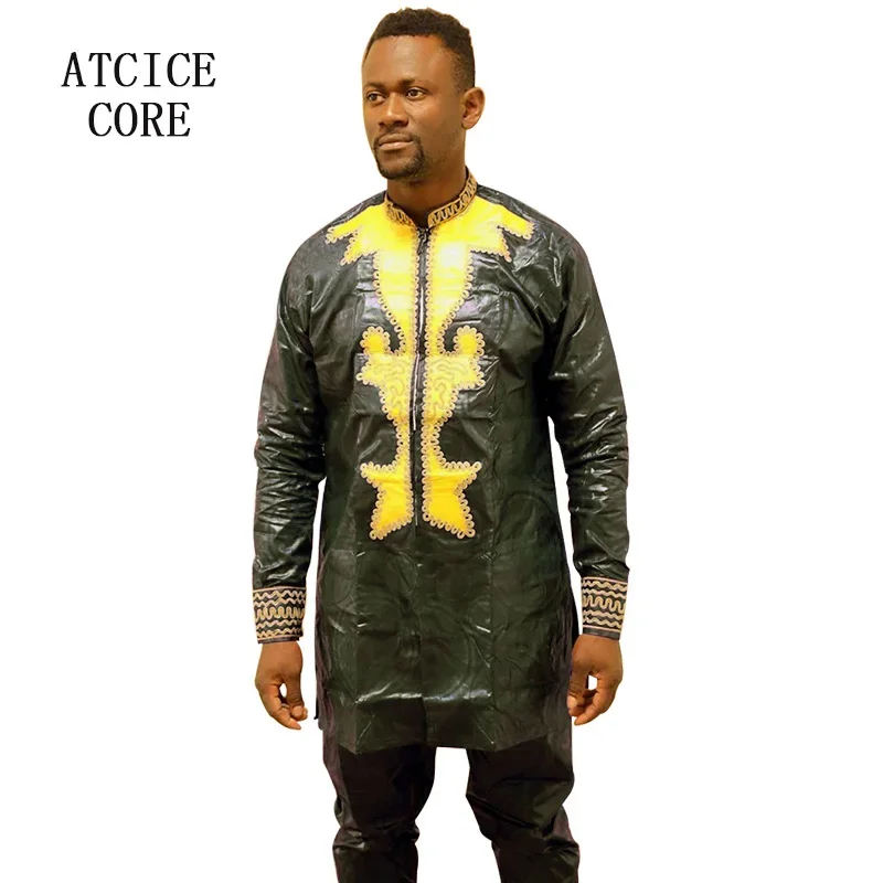 Robe africaine en bazin riche pour hommes et femmes, haut avec pantalon, motif de broderie