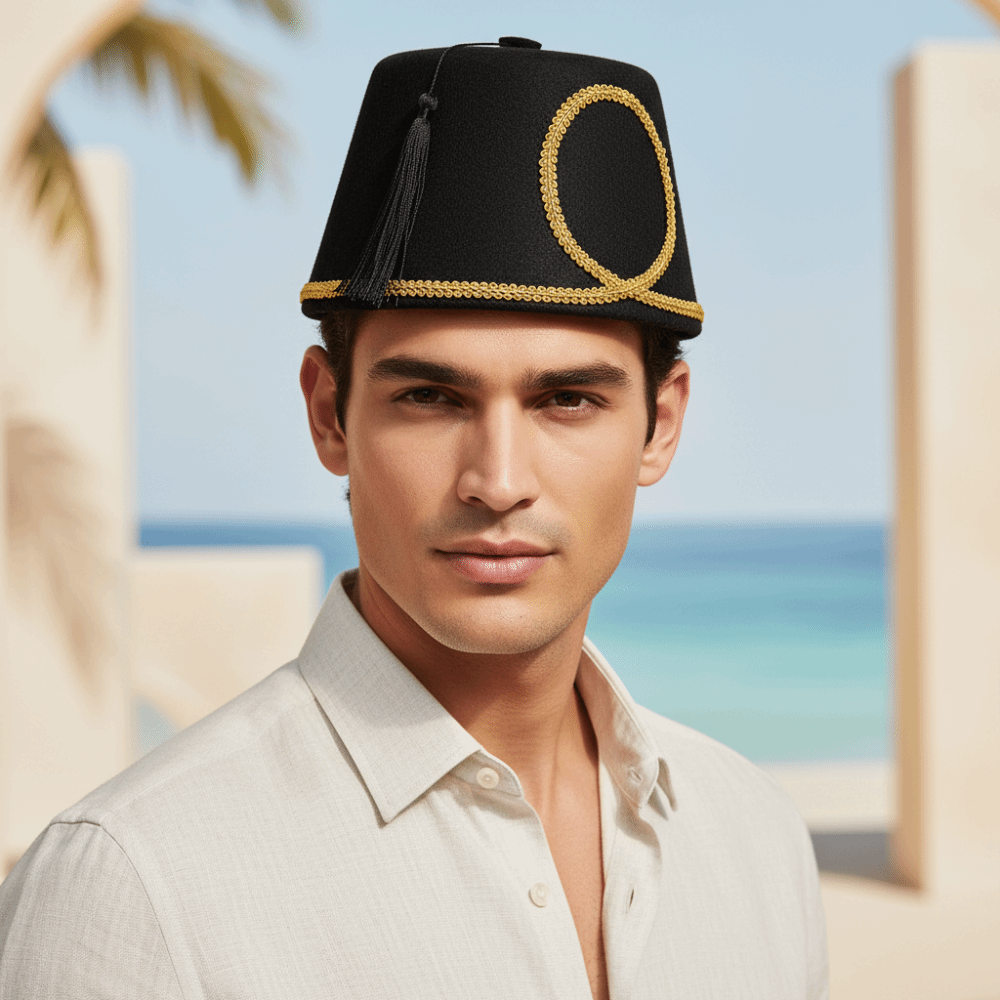 Chapeau Fez Turc Noir à Pompon en Feutre de Laine avec Bordure Dorée, Casquette Marocaine Taille Unique, Structure Rigide, Chapeaux de Fête en Feutre