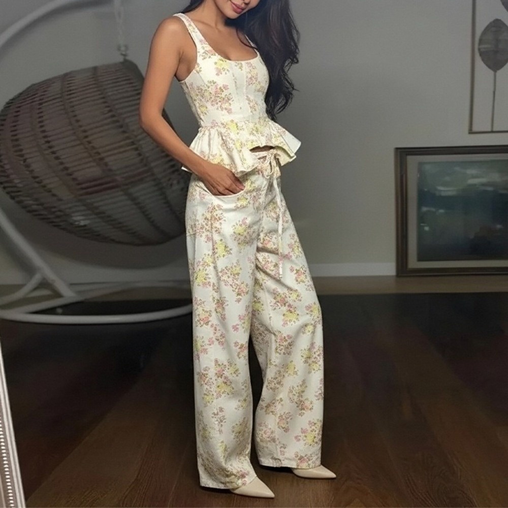 Ensemble pantalon et gilet sans manches pour femme, chic, imprimé floral, avec haut court à volants, décontracté, sexy, pantalon large, tenue d'été