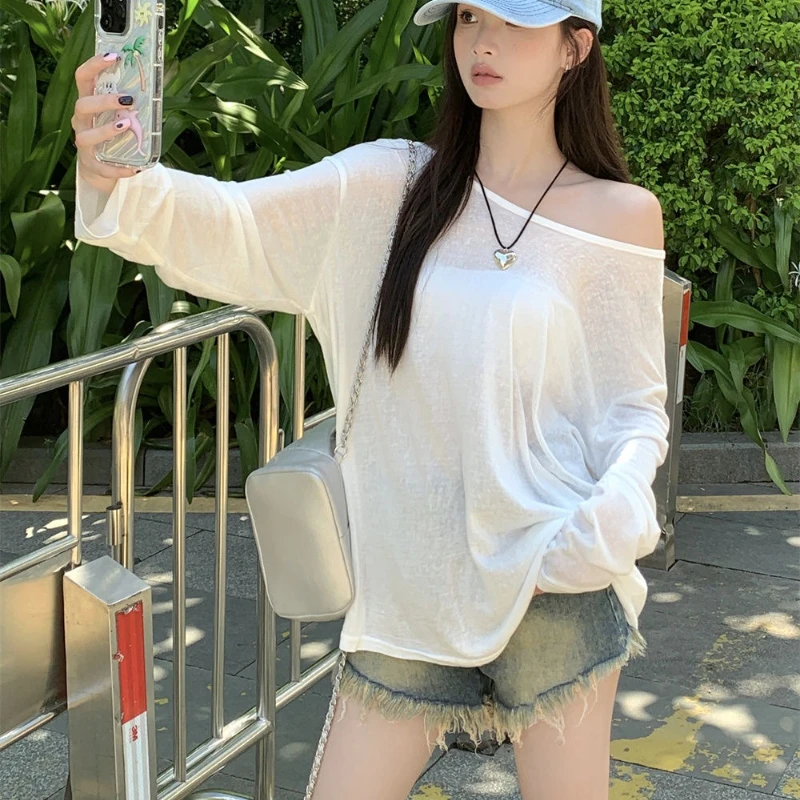 Mode coréenne femmes pure lâche t-shirts été décontracté résistant au soleil loisirs à manches longues coupe propre Style Ulzzang