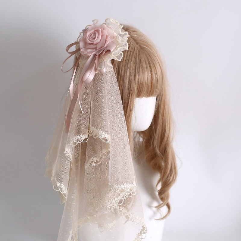 Accessoires capillaires Lolita faits main Original Light Shadow : Pince à cheveux, Boule de fleurs colorée, Nœud, Voile de cheveux en dentelle couleur champagne