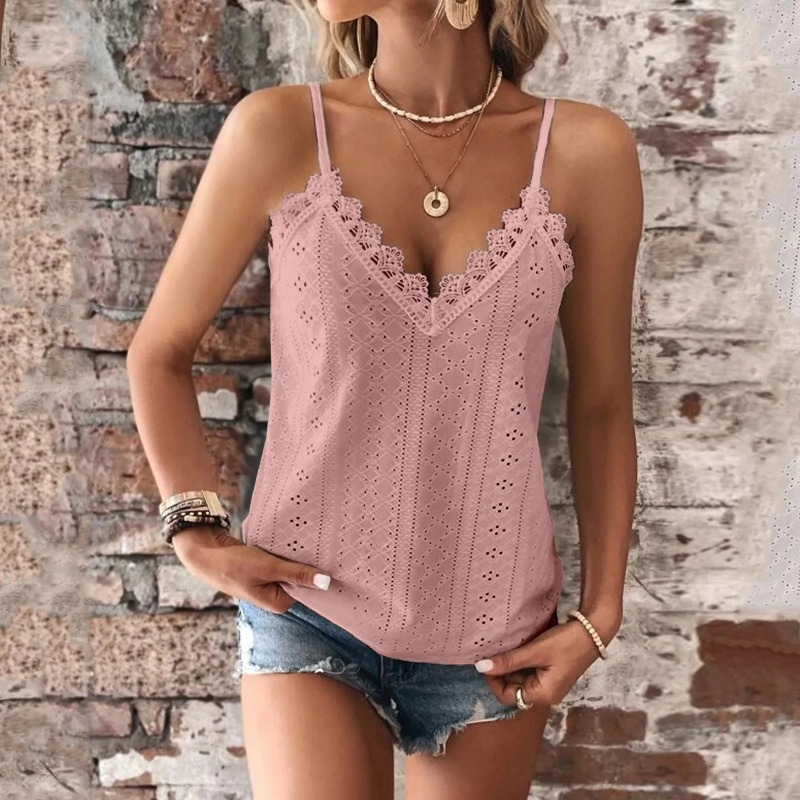 Débardeur en dentelle pour femmes, col en V, Camisole décontractée, mignon, haut d'été, coupe ample, crème, haut court, sangle fine, chemise, gilet, vêtements pour femmes