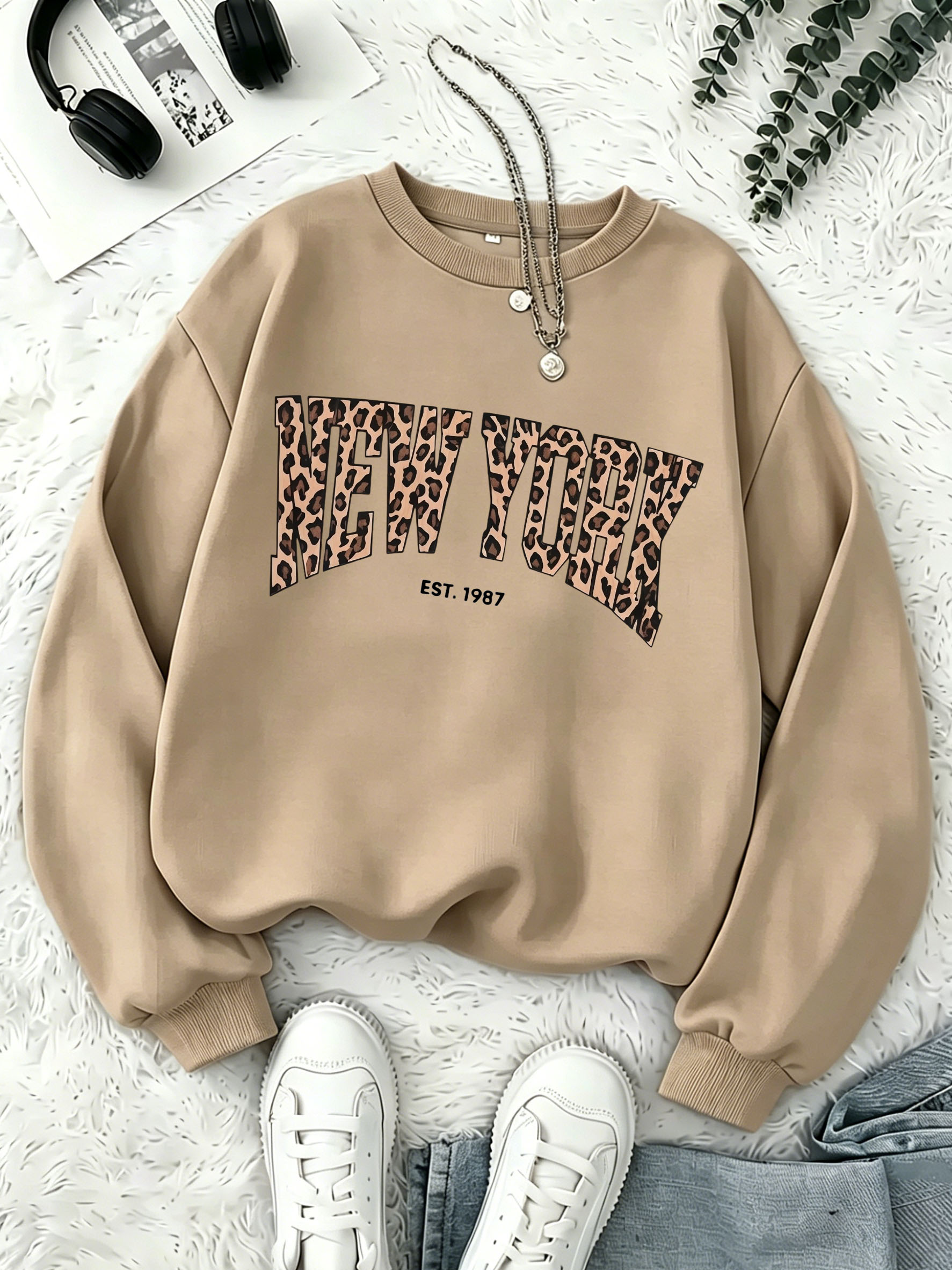 Sweat-shirt à imprimé léopard pour femmes, NEW YORK EST.1987, pull à col ras du cou pour filles, en polaire, chaud, à manches longues, décontracté, Streetwear, hauts Vintage