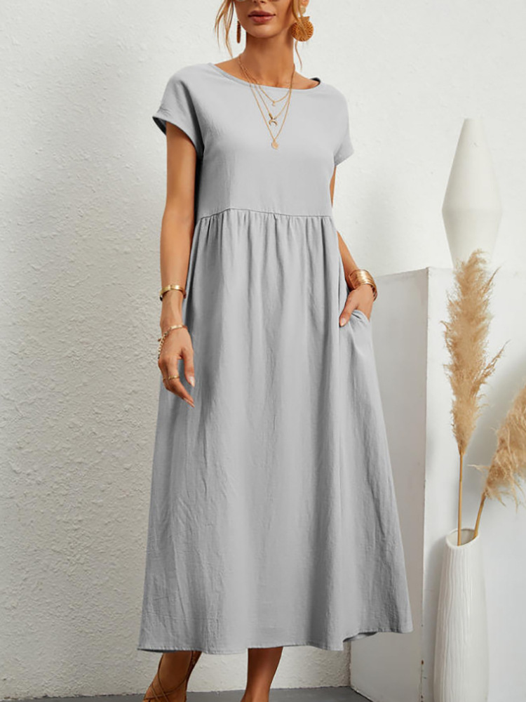 Robe longue Vintage en coton et lin pour femmes, couleur unie, élégante, col rond, manches courtes, décontractée, ample, été, 2023