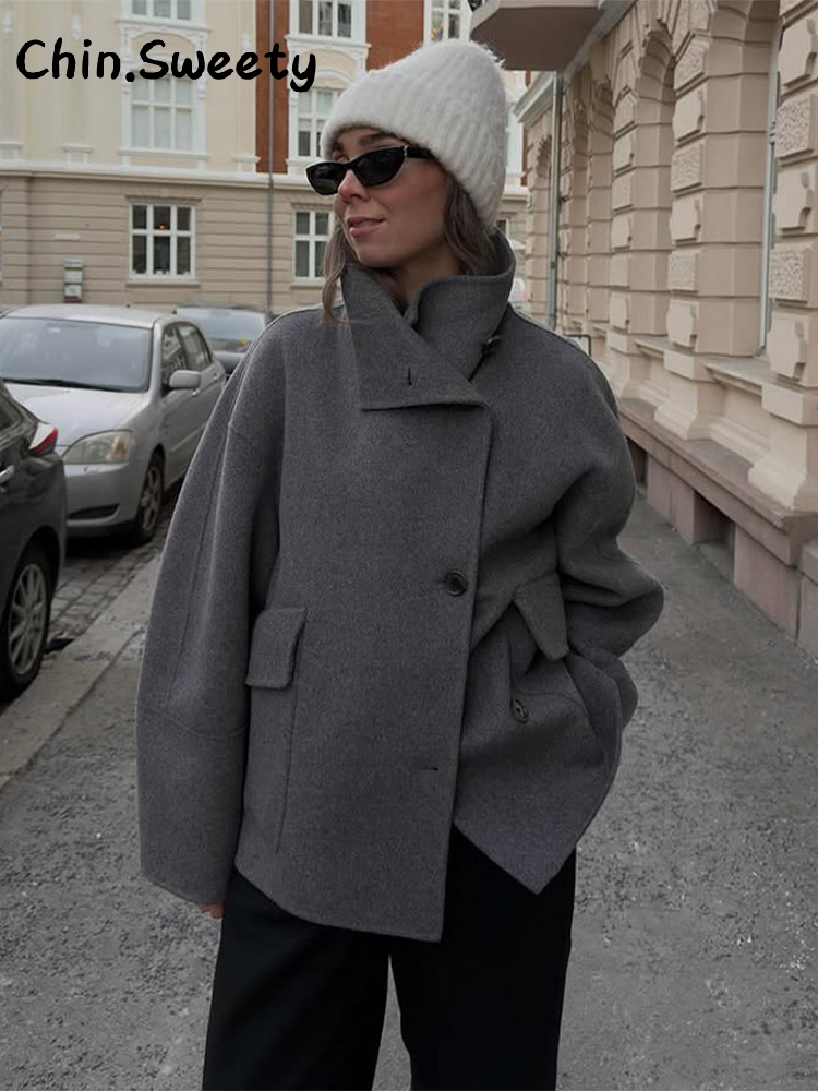 Manteau chic pour femme, style streetwear, à manches chauve-souris, avec ceinture, coupe ample, couleur unie, col montant, simple boutonnage, automne 2026, polyvalent