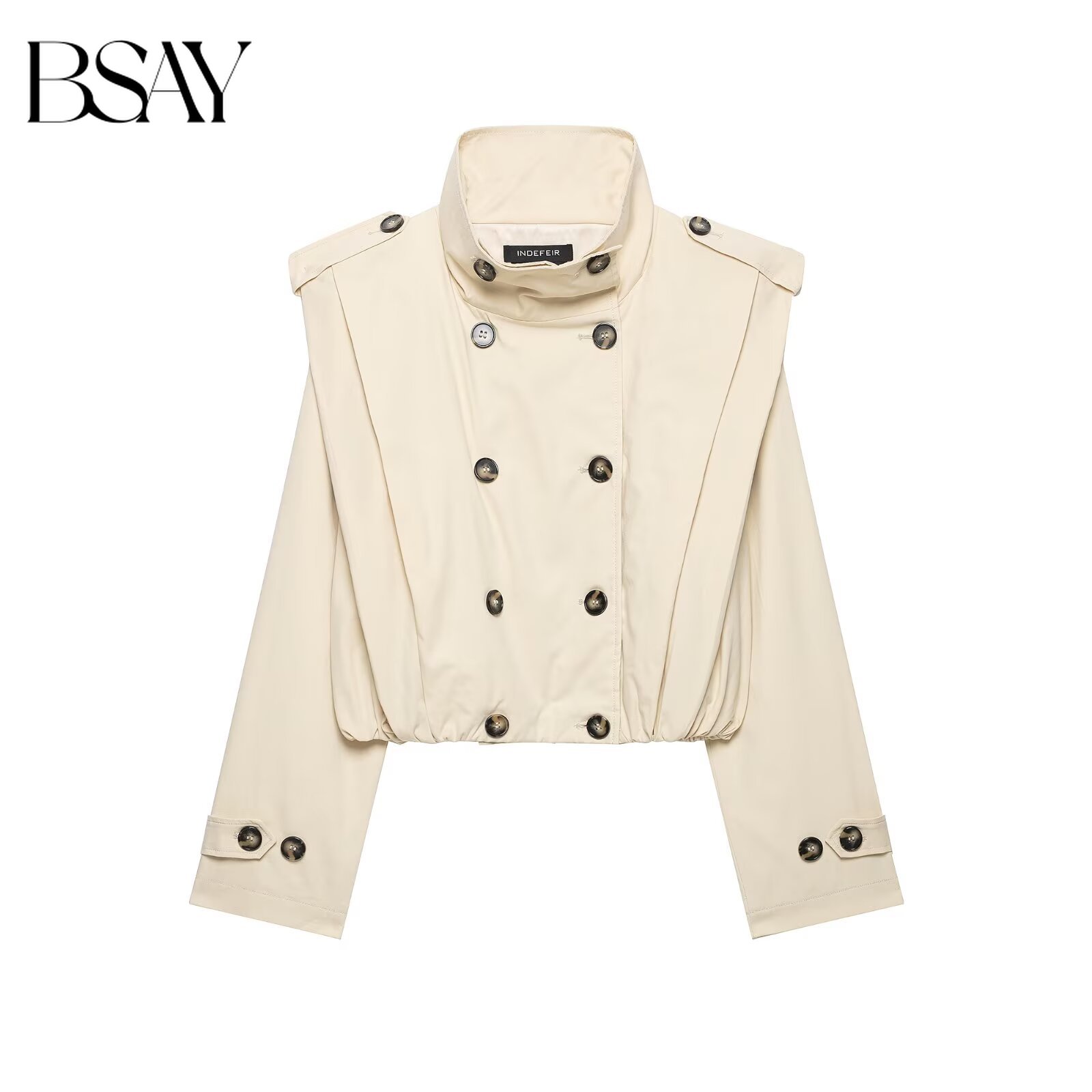 BSAY Trench-coat court vintage pour femme, croisé, avec détails plissés, col montant, épaulettes et manches longues, coupe-vent court