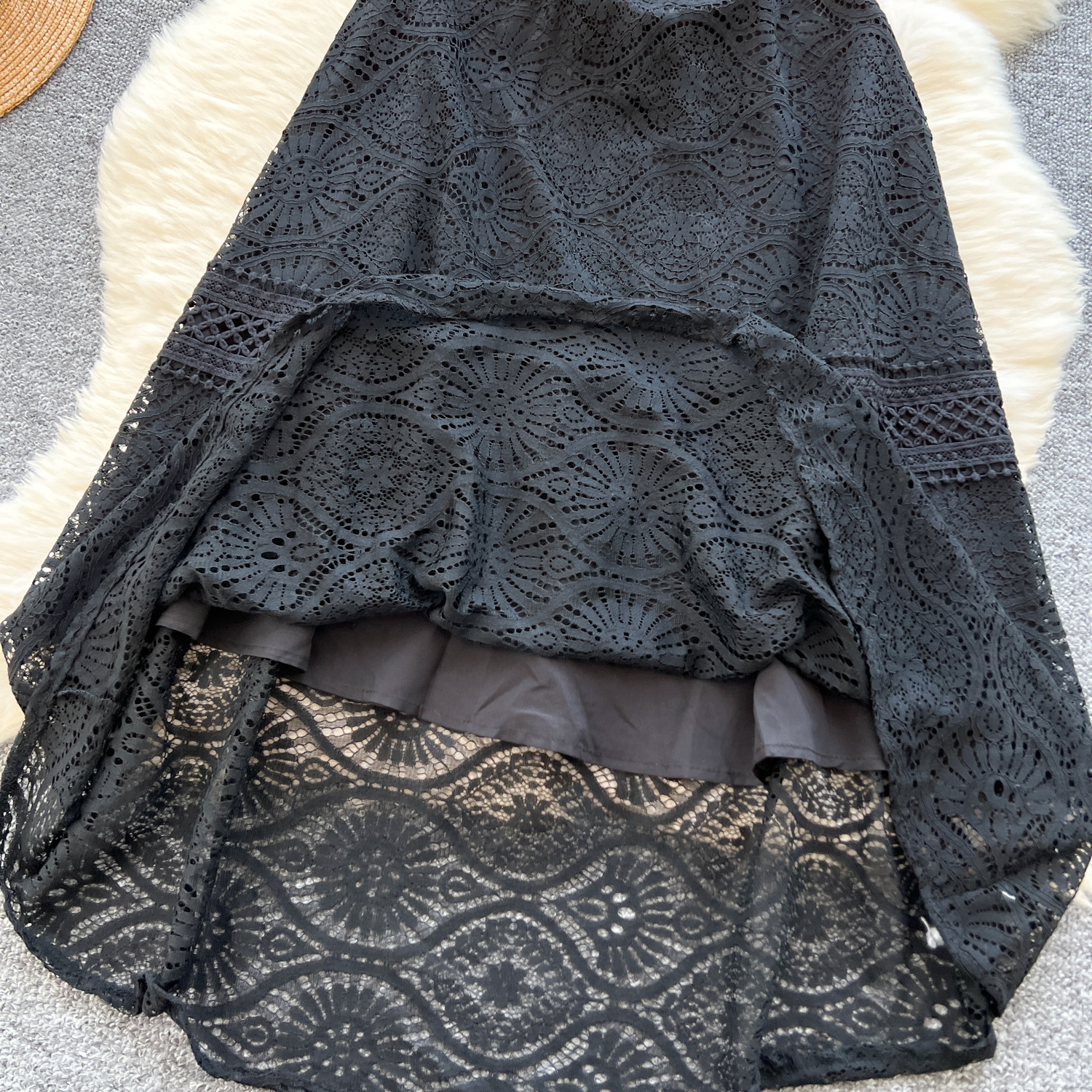 Femmes Vintage Robe noire été creux broderie taille haute dentelle robes de soirée dames solide casual élégant longue Robe