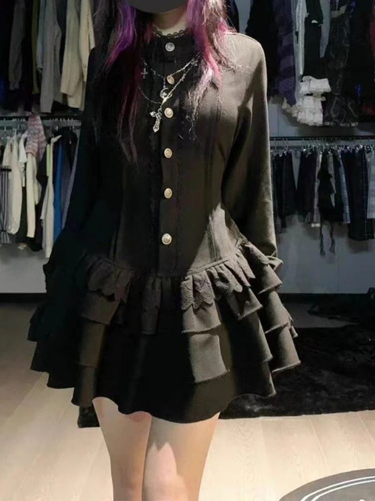 Robe Vintage Gothique Printemps Femme, Style Lacets, Design High Street, Noire, Lolita, Coupe Slim, Manches Longues en Dentelle, Collection 2025 Y2K