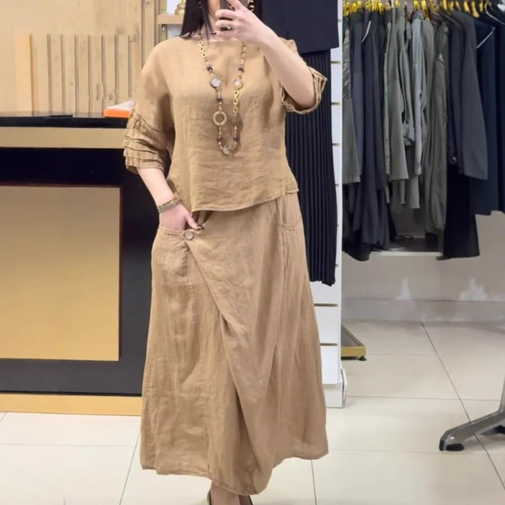 Ensemble jupe deux pièces pour femmes, hauts amples et solides, pull-over, chemise, costumes, poches décontractées, jupes chics, taille haute, Streetwear, tenues d'été