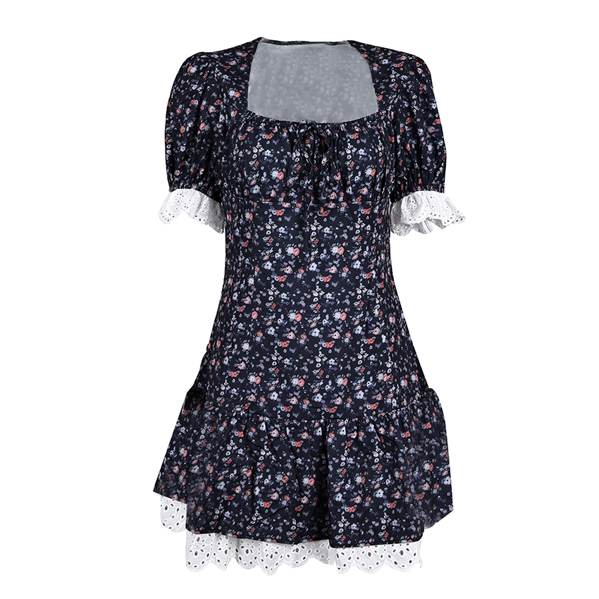 Linad été Vintage dentelle impression robe Sexy taille haute Mini une ligne robes pour femme rue Chic manches bouffantes robe de vacances 2025