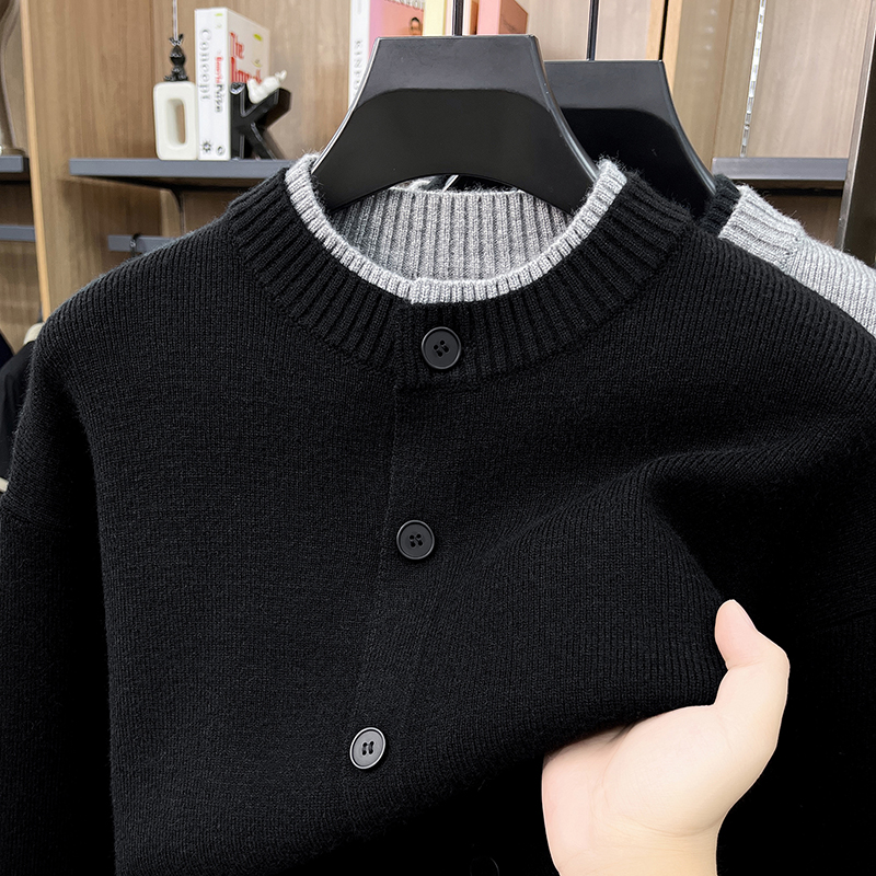 Cardigan décontracté pour homme, pull tricoté à col rond boutonné, doux et chaud, couleur unie, manches longues, vêtements polyvalents pour homme