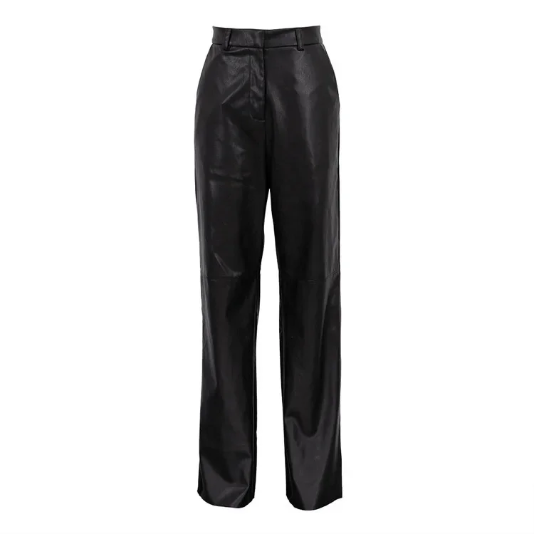 FJSPRING-Pantalon en cuir PU pour femme, taille moyenne, levage de la hanche, jambe droite, décontracté, mode