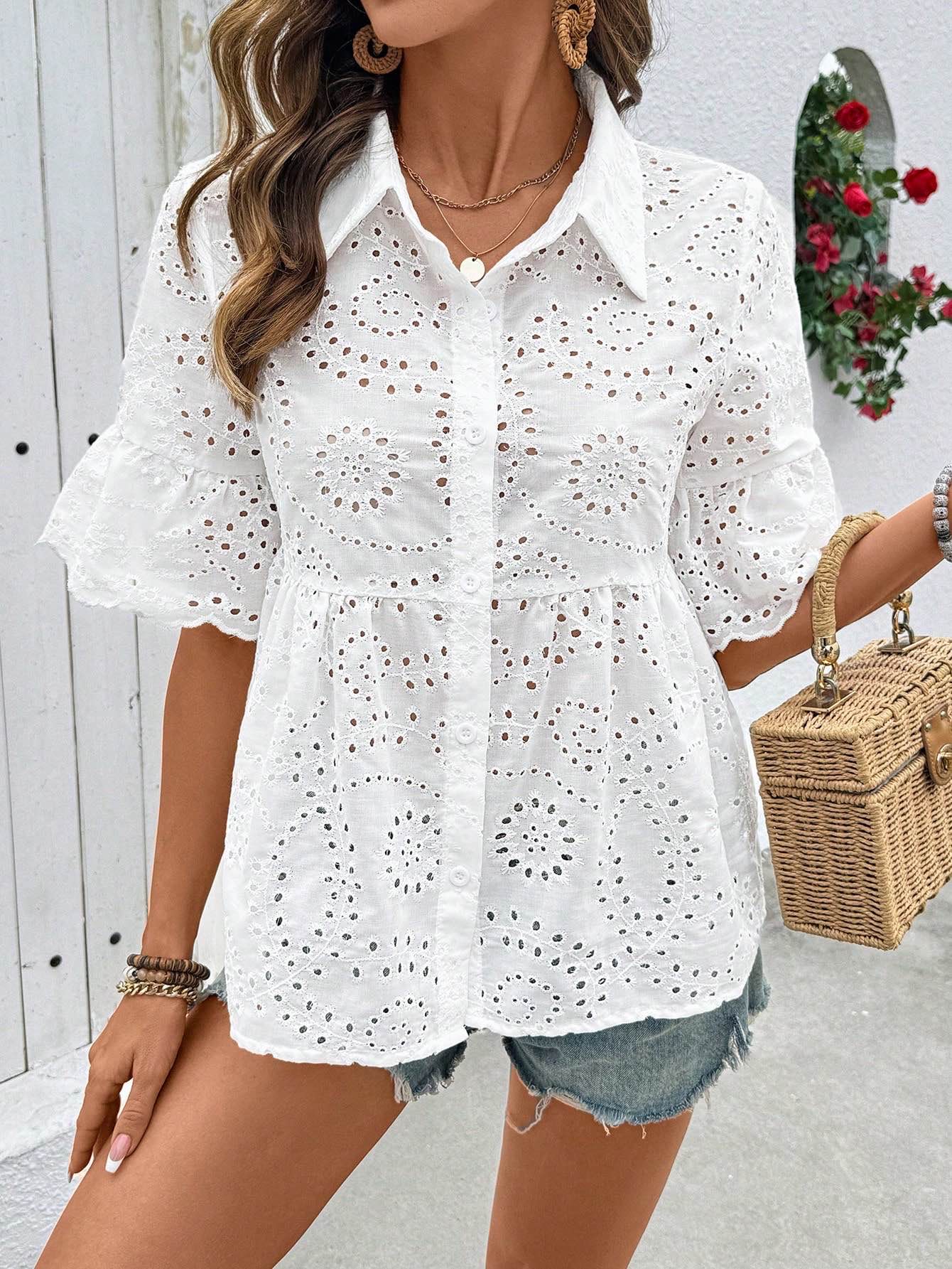 Chemisier Femme Broderie Broderie anglaise Col Rabattu Manches Courtes à Volants Été Découpes Boutonné Peplum Décontracté