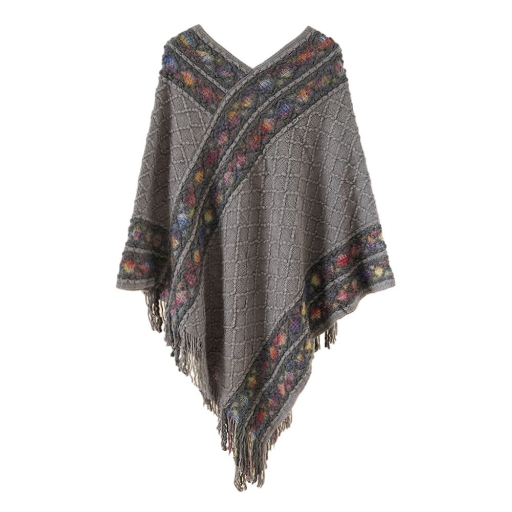 Poncho mongol chaud en peluche pour femme, Style ethnique, Imitation cachemire, rayures rhombiques, pompon, châle, enveloppes en tricot, mode hiver