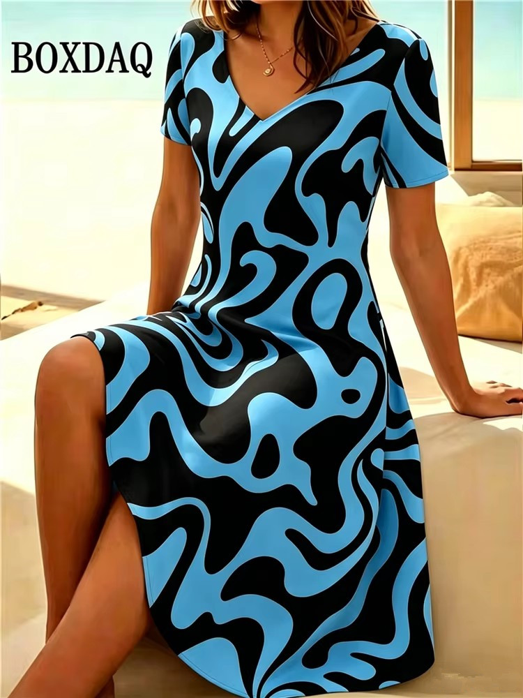 Nouvelle Robe Décontractée Femme 2026 à Manches Courtes et Col en V, Motif Peinture Abstraite, Robe d'Été Tendance Grande Taille Coupe Évasée 6XL