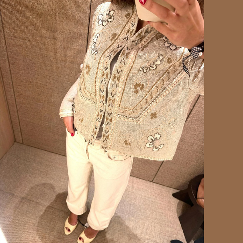 Manteau court élégant pour femme à col montant et manches longues, broderie florale vintage, veste décontractée pour rendez-vous