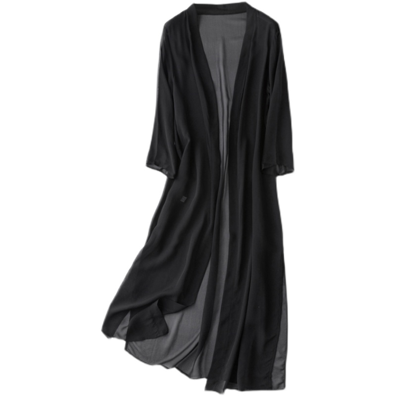 100% soie de mûrier femmes mince Type haut Long Kimono Cardigan châle manteau 2022 Blouse été plage couvrir Multi couleurs MM148