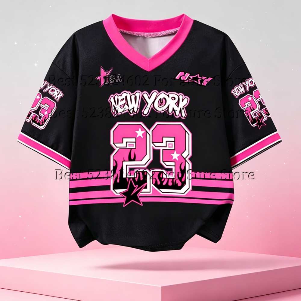 T-shirt court vintage rose et noir contrastant pour femme, motif New York 23, col en V, style Y2K Hip Hop Street, décontracté, été