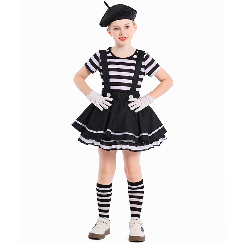 Costume de spectacle sur scène pour filles, Burlesque d'halloween, 1 juin, Acteur Pantomime, Clown Pantomime, haut + jupe à bretelles + chapeau + gants