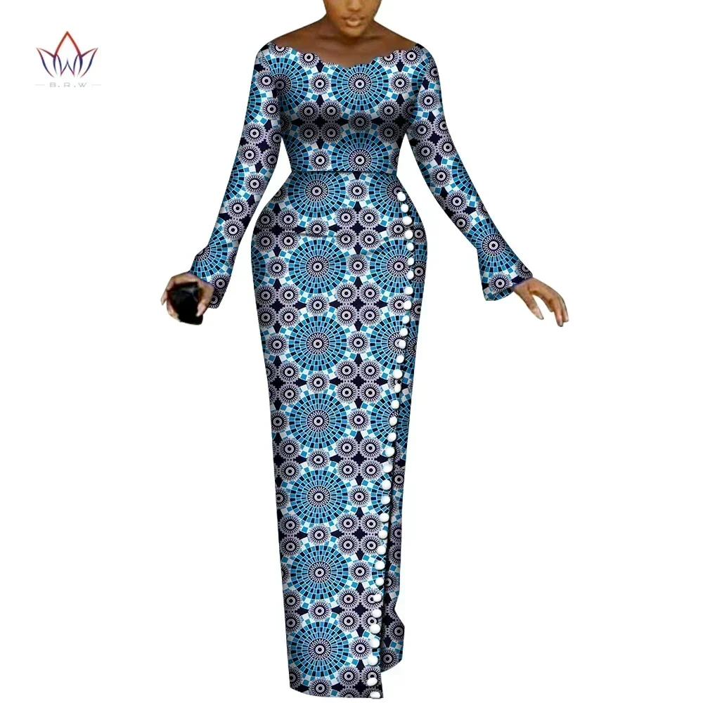BRW-Robes africaines à manches longues pour femmes, robes de soirée, imprimé africain, boutons de sirène, vêtements pour femmes, WY8240