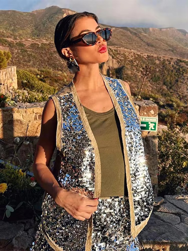 MUJER 2025 paillettes gilets ouverts pour femmes paillettes gilet sans manches femme été gilet gilet haut femmes mode luxe dame gilets
