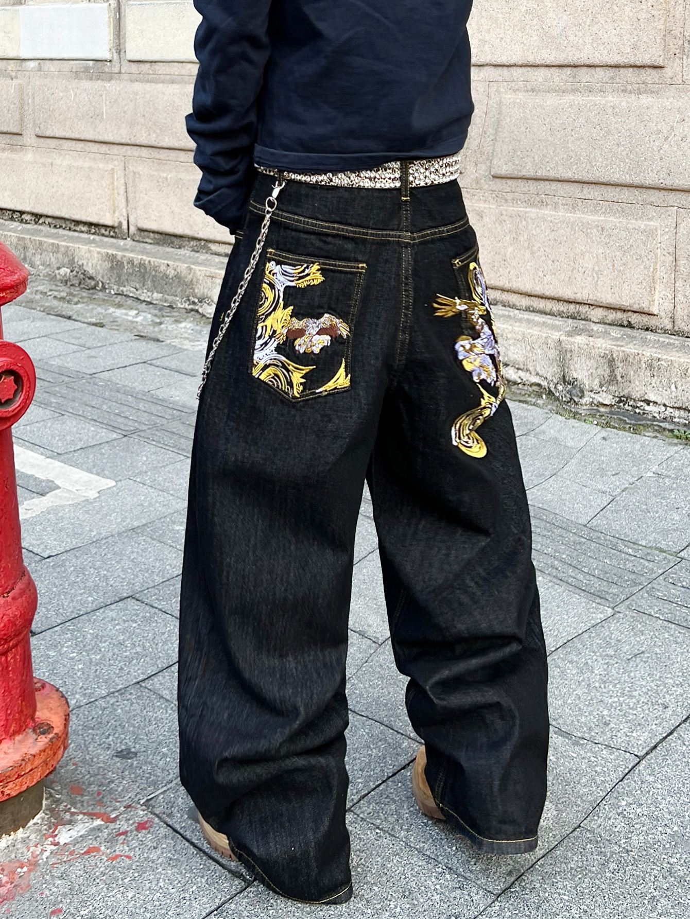 Jeans polyvalents noirs pour hommes, pantalons larges et amples, pantalons tendance brodés rétro Y2K pour hommes, adaptés à toutes les saisons, sans accessoires