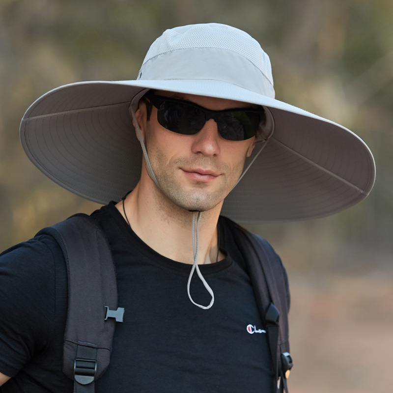 Chapeau de soleil pour homme à très large bord de 15 cm, UPF50+, pour grandes têtes (60-62 cm), imperméable, respirant, en maille, coupe-vent, avec sangle de menton, pour la pêche en extérieur