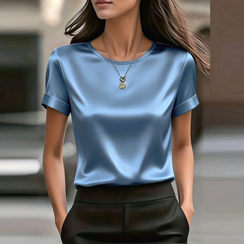 T-shirts d'été en soie pour femmes, col rond, chemises en satin noir et blanc pour femmes, hauts amples élégants, hauts de bureau à la mode pour femmes
