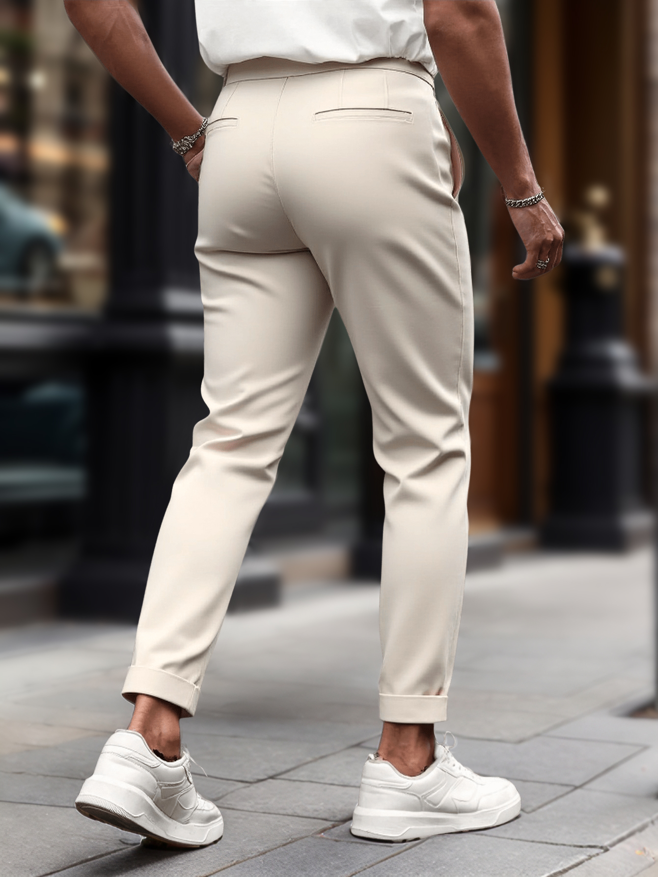 Pantalon de costume plissé à taille haute et revers pour homme, coupe courte, en polyester, viscose et élasthanne, style décontracté chic, noir et beige